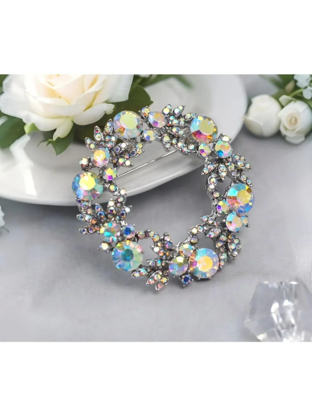 Elegant Crystal Rhinestone Flower Wreath Brooch Pin for Weddings & Holidays